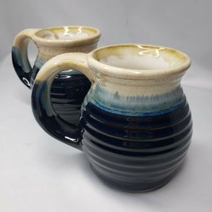Set Of 2 Two Blue Beige Drip Glaze Pottery Mugs
